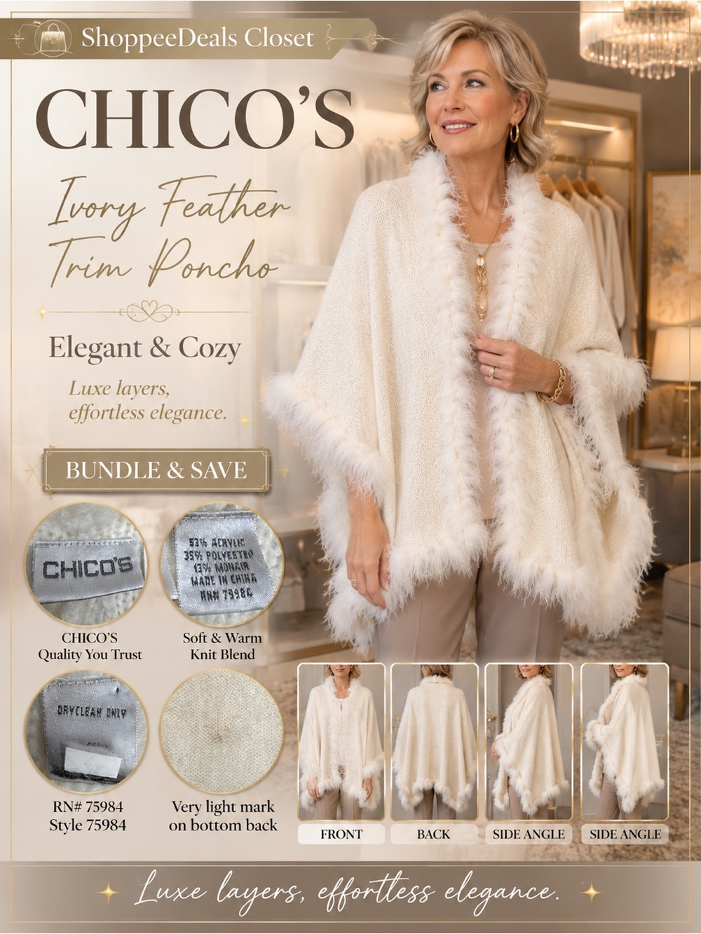 Chico’s Ivory Feather Trim Open Front Knit Poncho Cape Shawl One Size